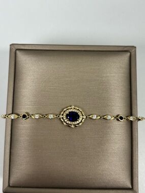 10k Solid Yellow Gold Bracelet with Lab Diamonds and Sapphires Delicate Dainty
